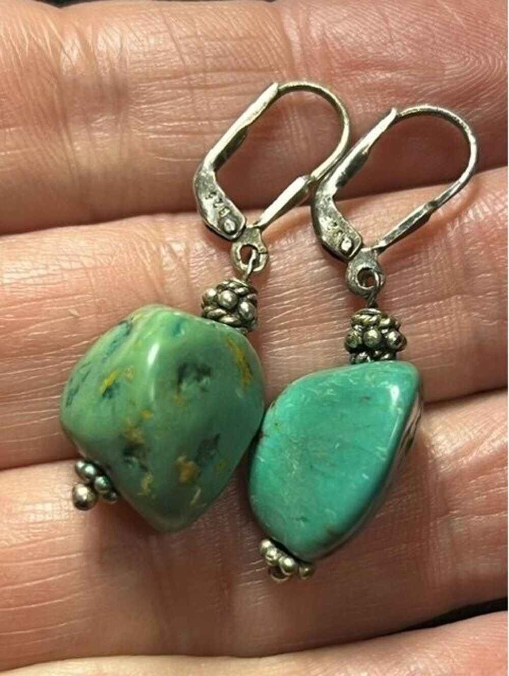 B7067 Vintage Turquoise Dangle Earrings Sterling Silver Leverback Tumbled 1.5"